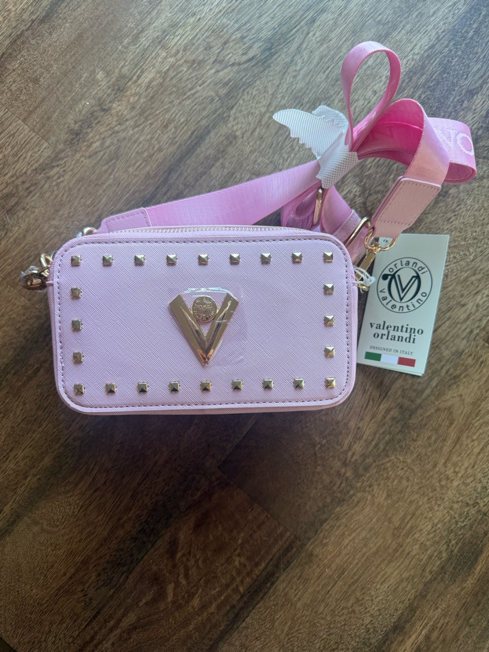 Valentino Orlandi Baby Pink Studded Crossbody with Gold Hardware NWT